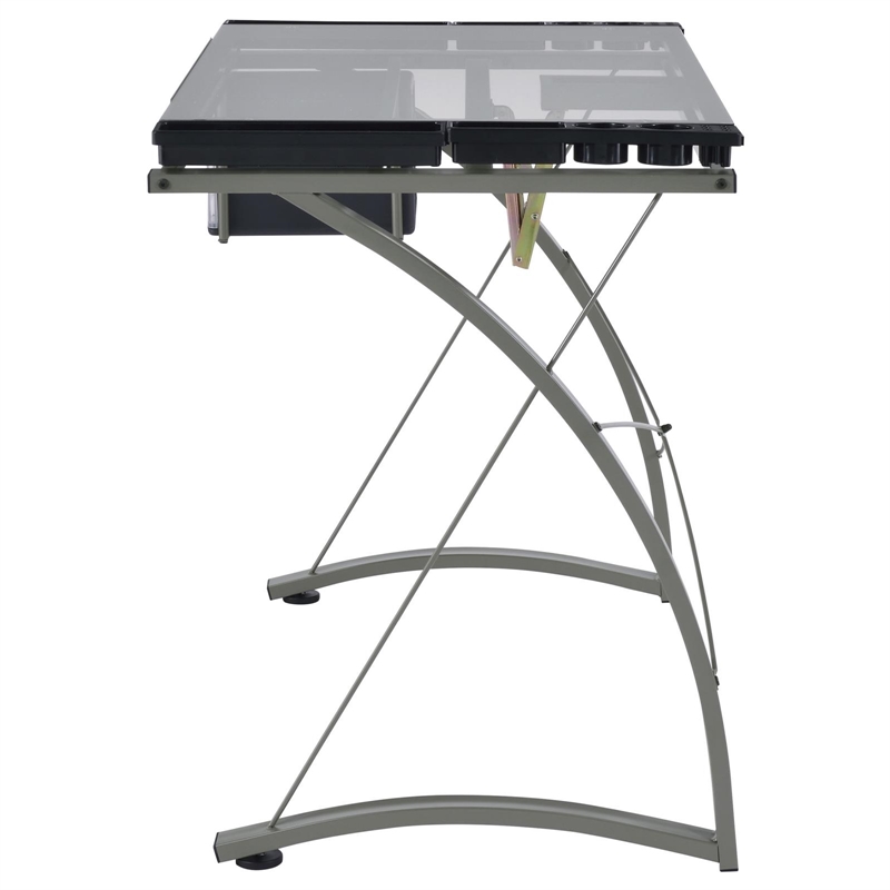 Pemberly Row 41-inch Glass Top Drafting Table with Storage in Silver