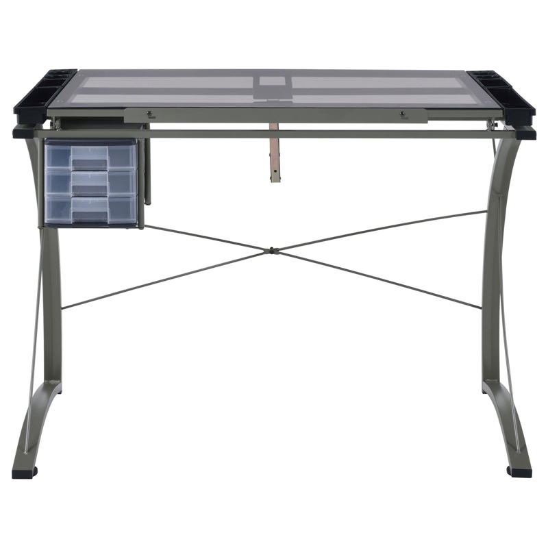 Pemberly Row 41-inch Glass Top Drafting Table with Storage in Silver