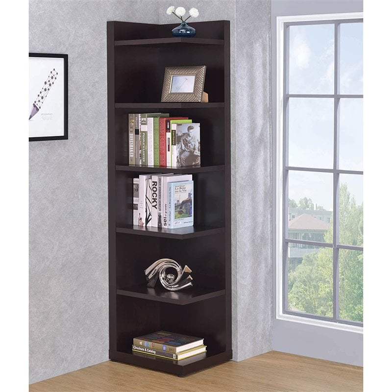 Pemberly Row 71-inch 6-shelf Wood Corner Bookcase in Cappuccino