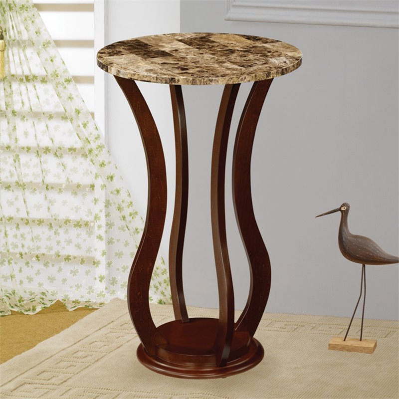 Pemberly Row Round Faux Marble Top Plant Stand Accent Table in Brown