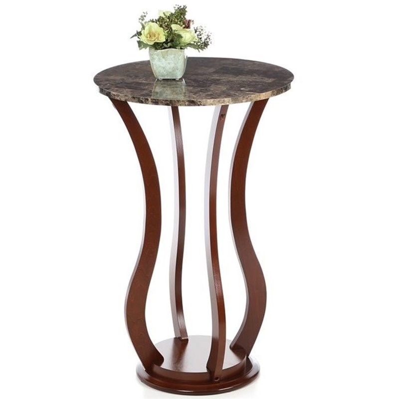 Pemberly Row Round Faux Marble Top Plant Stand Accent Table in Brown