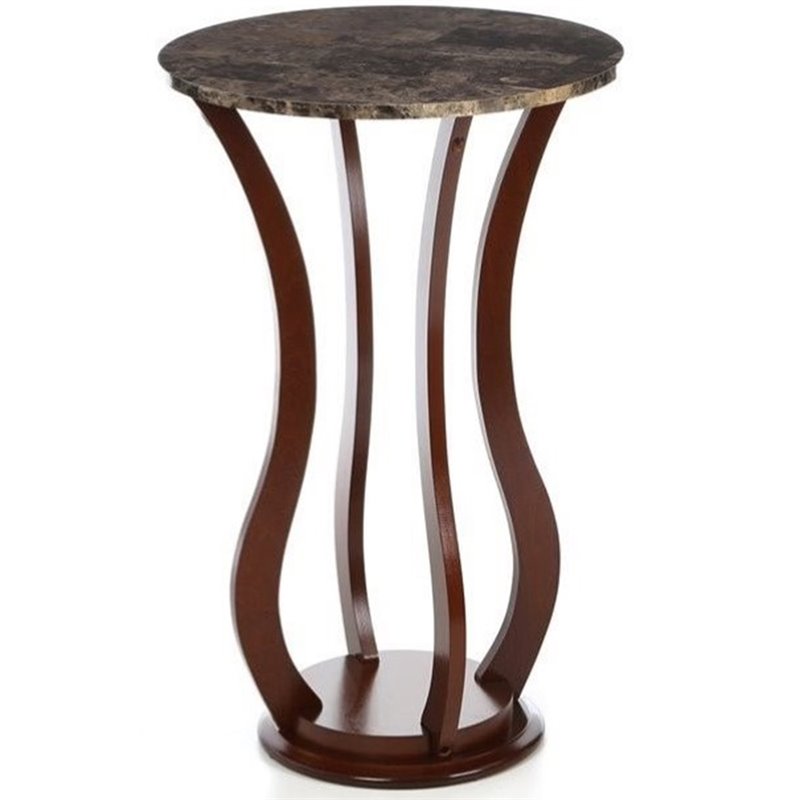 Pemberly Row Round Faux Marble Top Plant Stand Accent Table in Brown