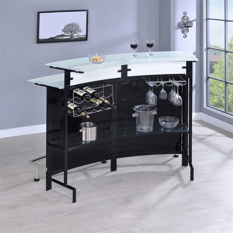 Pemberly Row Curved Glass Top Home Bar Wine Cabinet with Footrest in Black