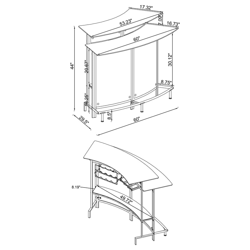 Pemberly Row Curved Glass Top Home Bar Wine Cabinet with Footrest in Black
