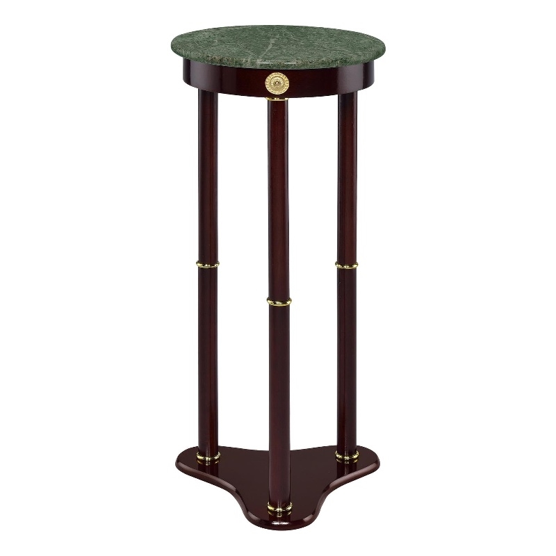 Pemberly Row Round Green Marble Top Tri-Leg Plant Stand in Merlot