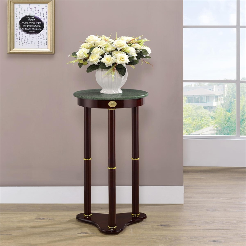 Pemberly Row Round Green Marble Top Tri-Leg Plant Stand in Merlot