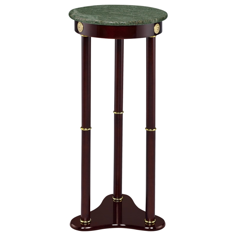 Pemberly Row Round Green Marble Top Tri-Leg Plant Stand in Merlot
