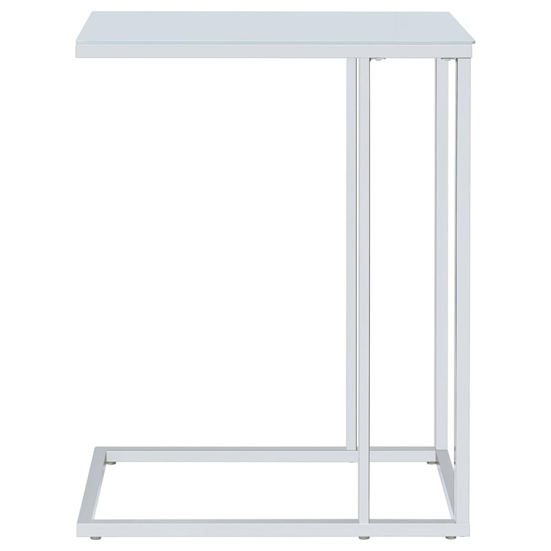 Pemberly Row White Glass Top C-Shaped Sofa Side Table in Chrome