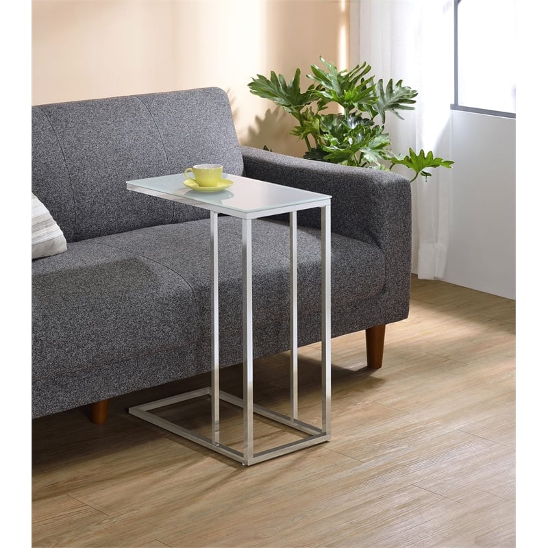 Pemberly Row White Glass Top C-Shaped Sofa Side Table in Chrome
