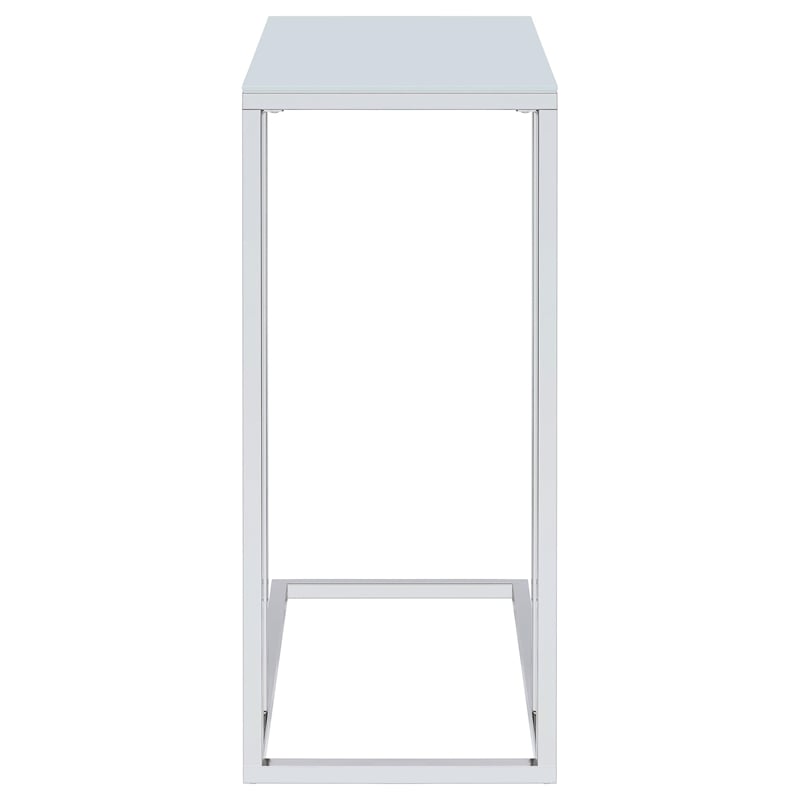 Pemberly Row White Glass Top C-Shaped Sofa Side Table in Chrome