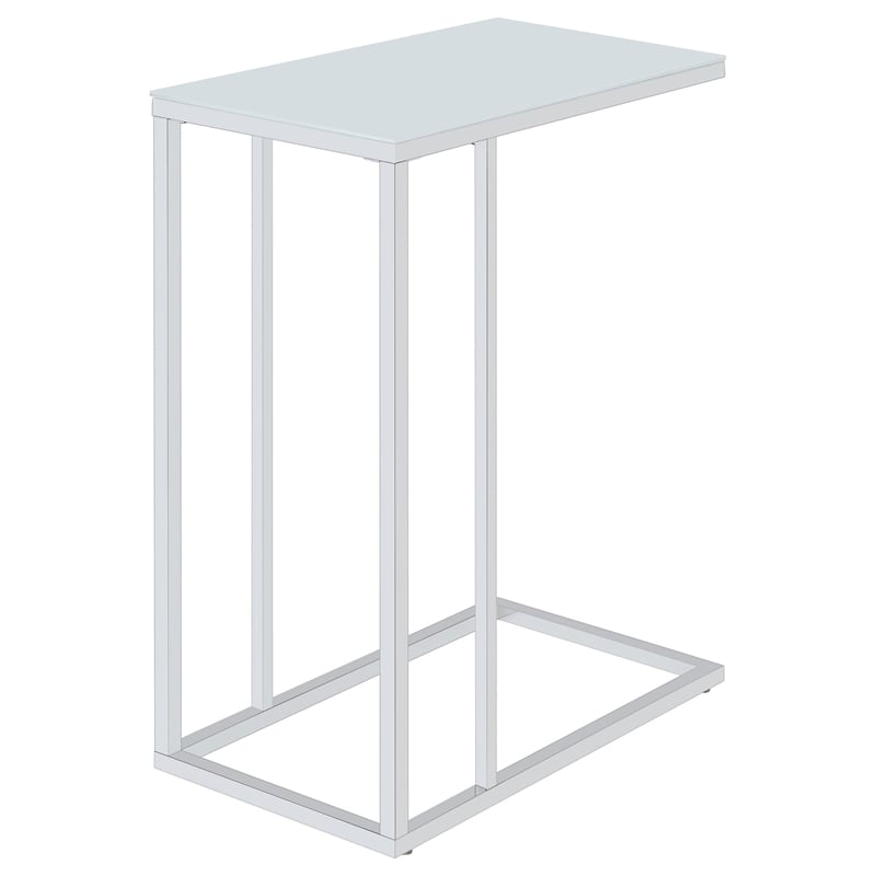 Pemberly Row White Glass Top C-Shaped Sofa Side Table in Chrome