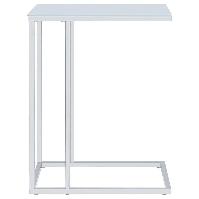 Pemberly Row White Glass Top C-Shaped Sofa Side Table in Chrome