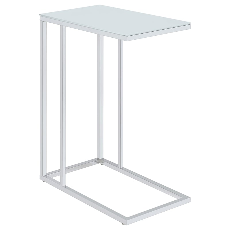 Pemberly Row White Glass Top C-Shaped Sofa Side Table in Chrome