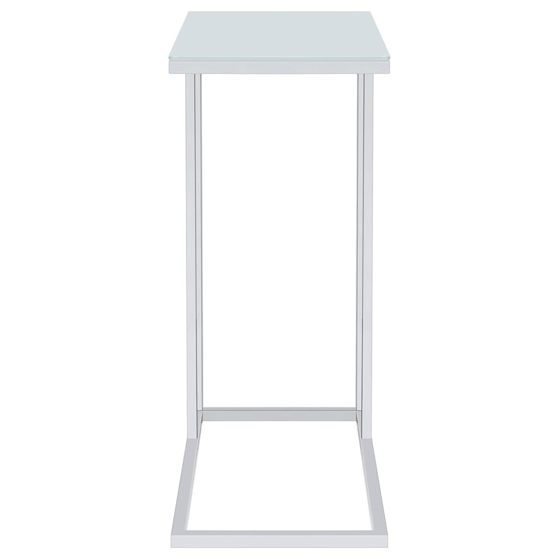Pemberly Row White Glass Top C-Shaped Sofa Side Table in Chrome