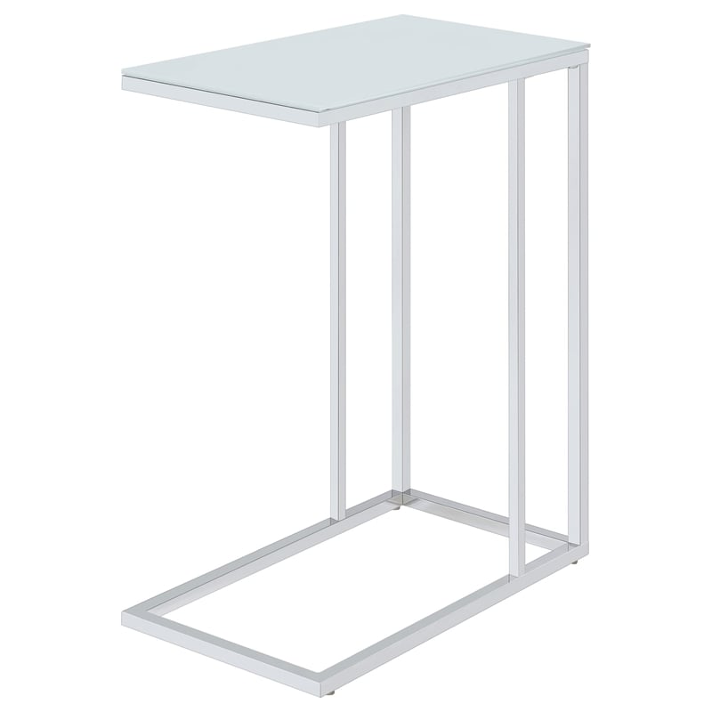 Pemberly Row White Glass Top C-Shaped Sofa Side Table in Chrome