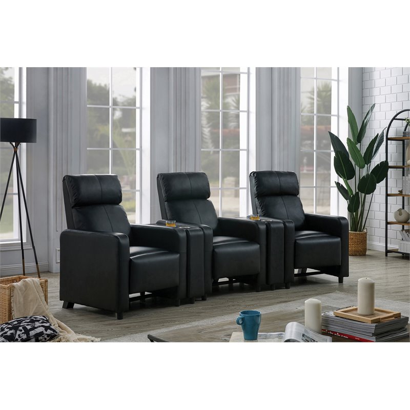 Pemberly Row Upholstered Tufted 3-Recliner Set with 2 Consoles in Black