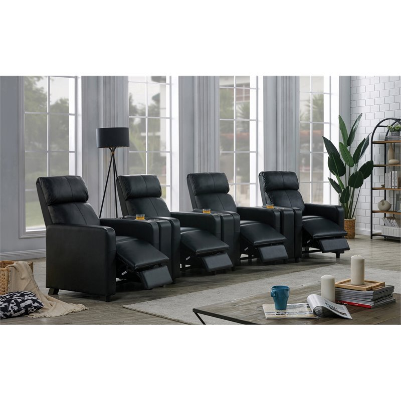 Pemberly Row Upholstered Tufted 4-Recliner Set with 3 Consoles in Black