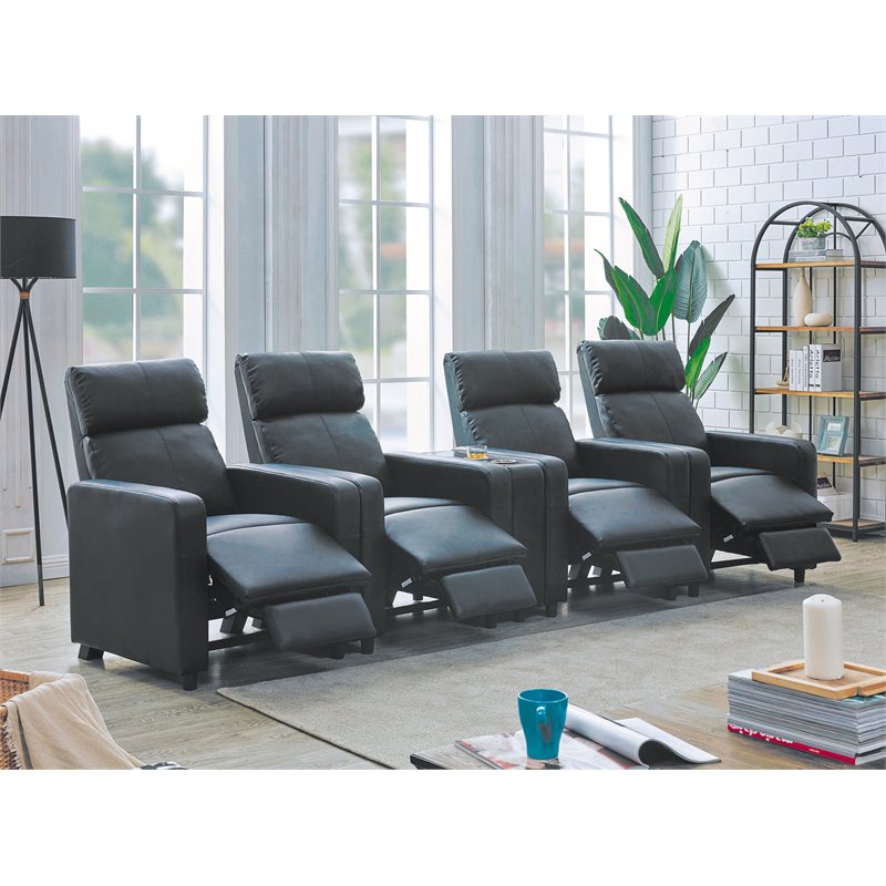Pemberly Row Upholstered Tufted 4-Recliner Set with 1 Console in Black