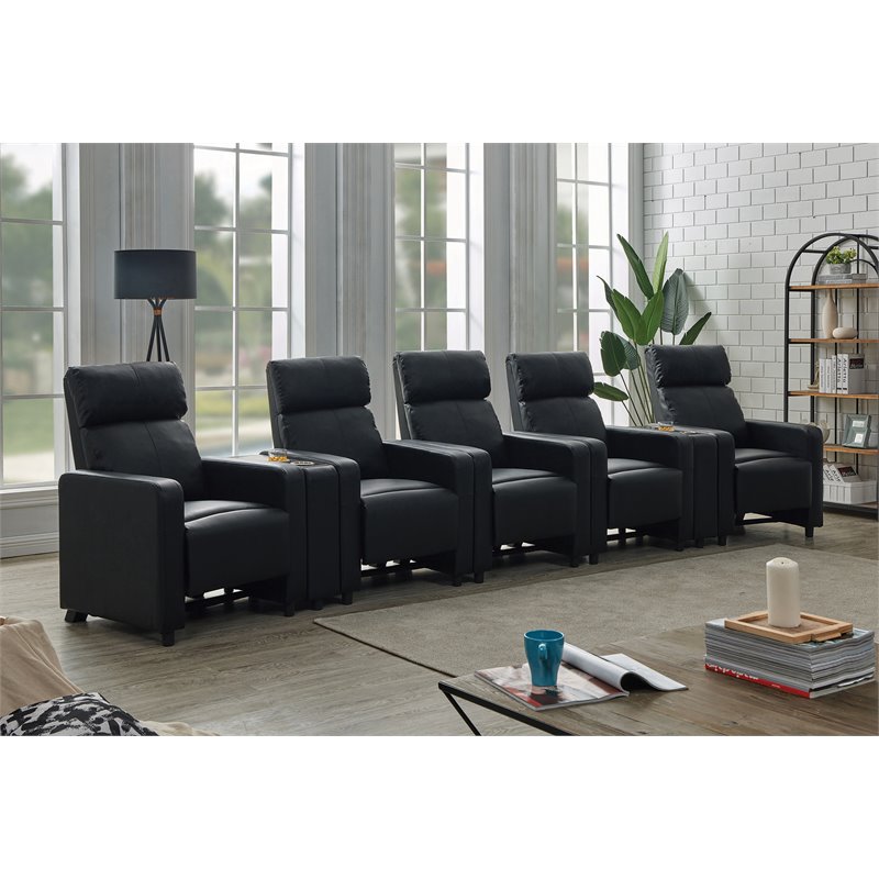 Pemberly Row Upholstered Tufted 5-Recliner Set with 2 Consoles in Black