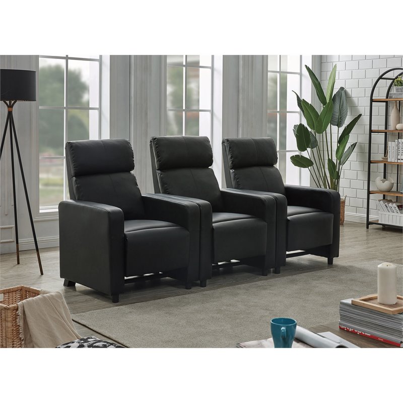 Pemberly Row Upholstered Tufted 3-Recliner Home Theater Set in Black