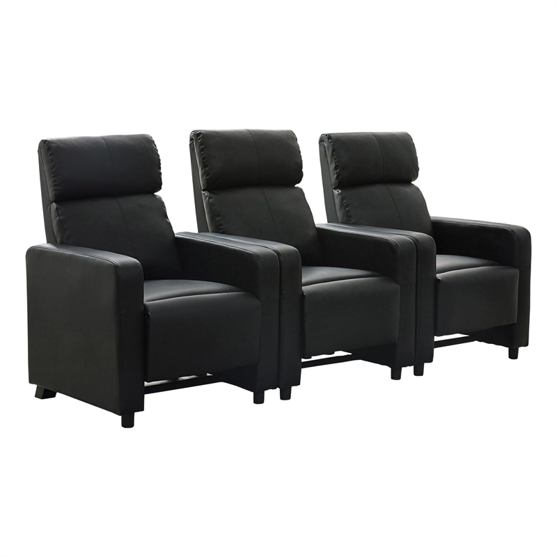 Pemberly Row Upholstered Tufted 3-Recliner Home Theater Set in Black