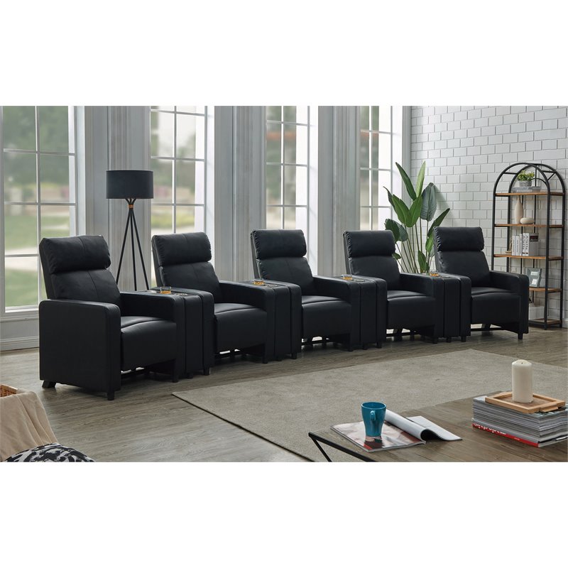 Pemberly Row Upholstered Tufted 5-Recliner Set with 4 Consoles in Black