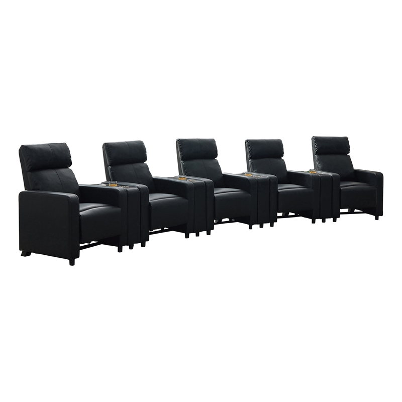 Pemberly Row Upholstered Tufted 5-Recliner Set with 4 Consoles in Black