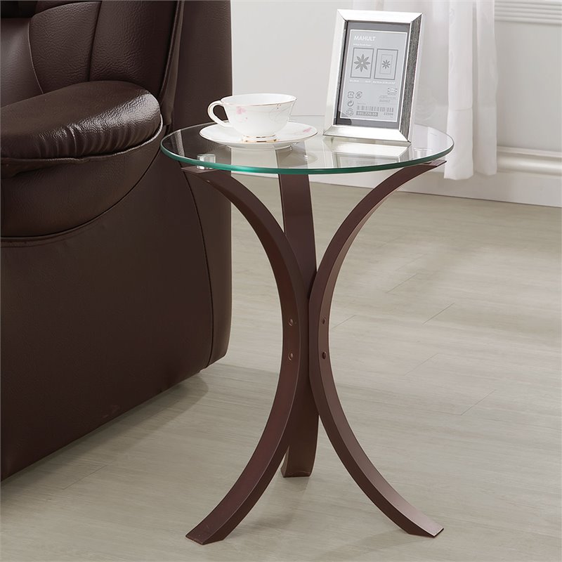 Pemberly Row Round Tempered Glass Top Accent Side Table in Cappuccino