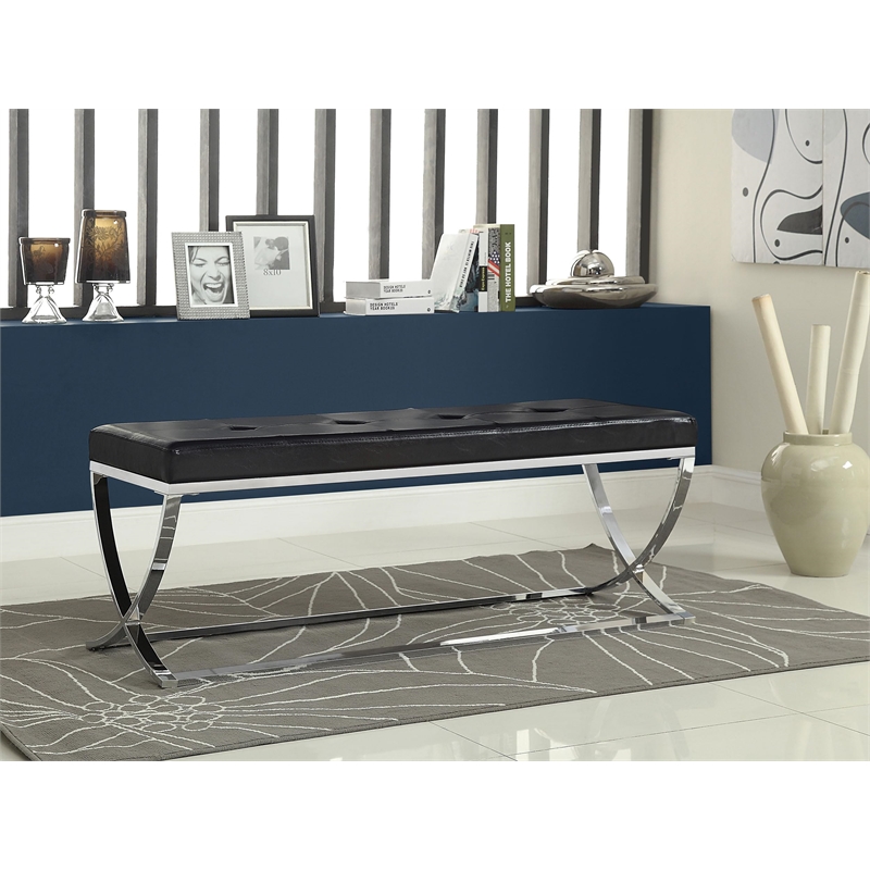 Pemberly Row Leatherette Upholstered Tufted Accent Bench in Black
