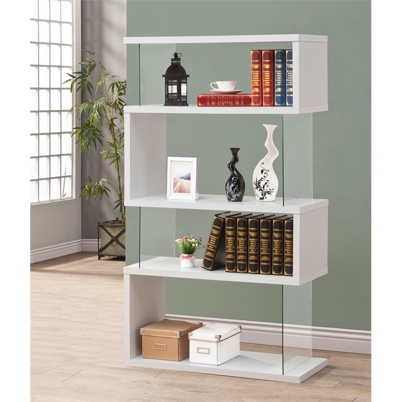 Pemberly Row 63-inch 4-shelf Tempered Glass Panel Bookshelf in White