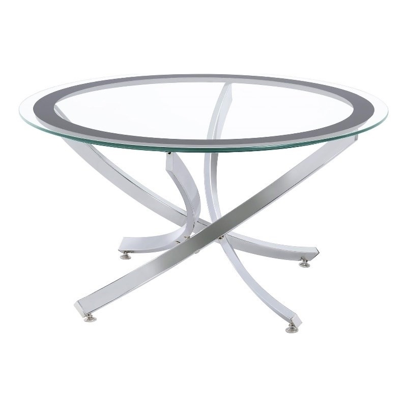 Pemberly Row Round Glass Top Coffee Table Metal Base in Chrome