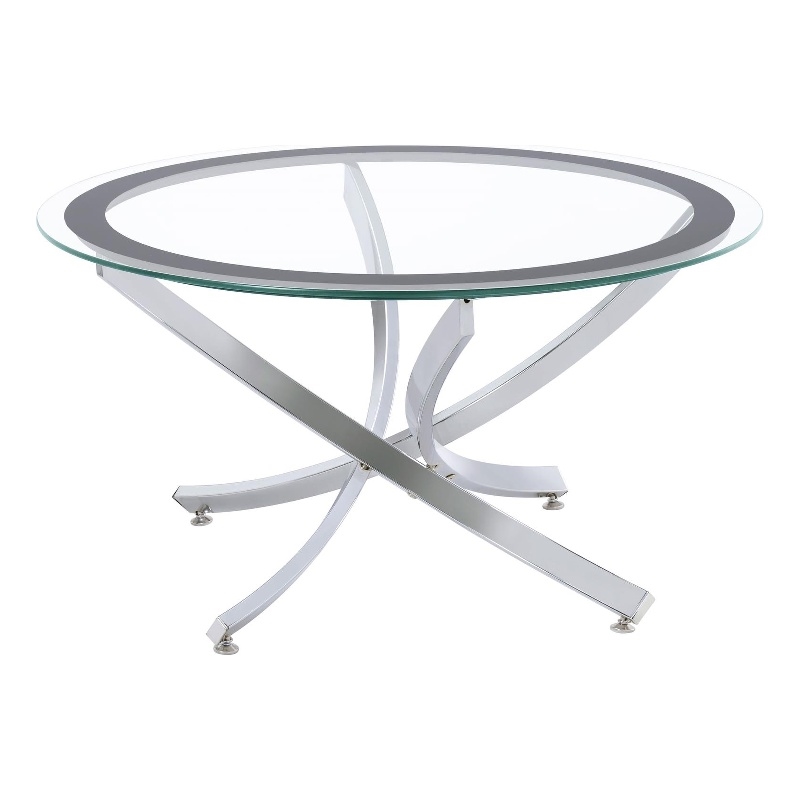 Pemberly Row Round Glass Top Coffee Table Metal Base in Chrome