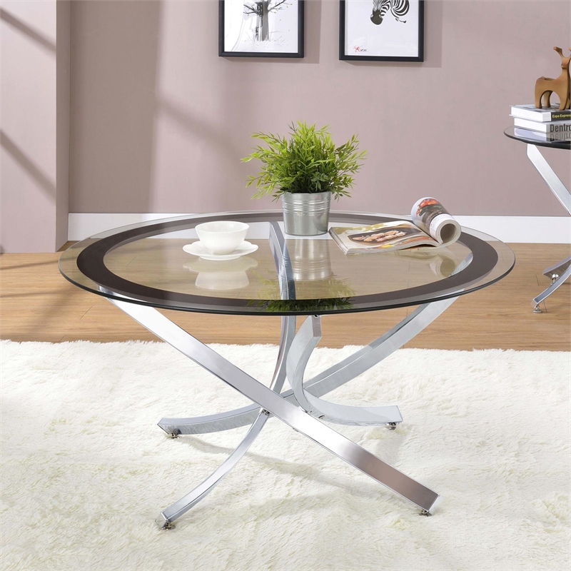 Pemberly Row Round Glass Top Coffee Table Metal Base in Chrome
