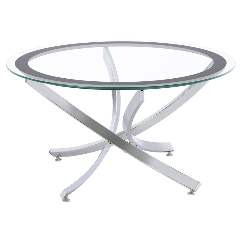 Pemberly Row Round Glass Top Coffee Table Metal Base in Chrome