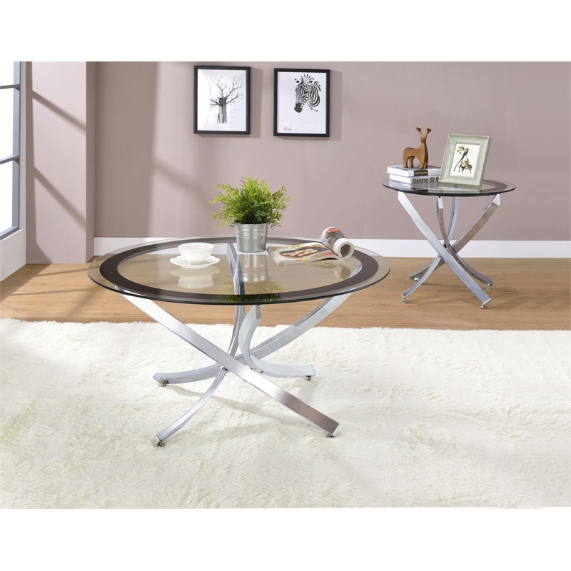 Pemberly Row Round Glass Top Coffee Table Metal Base in Chrome