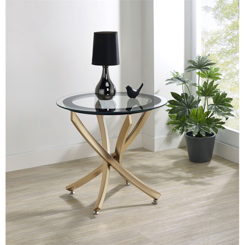 Pemberly Row Round Glass Top Side End Table Metal Base in Brass