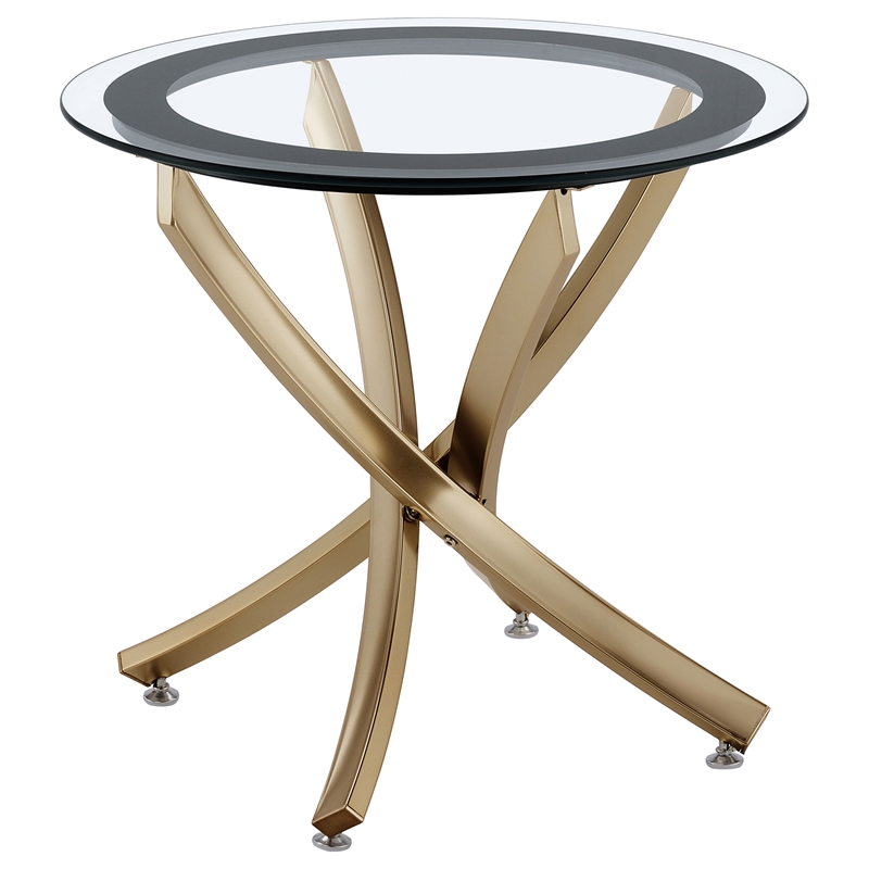 Pemberly Row Round Glass Top Side End Table Metal Base in Brass