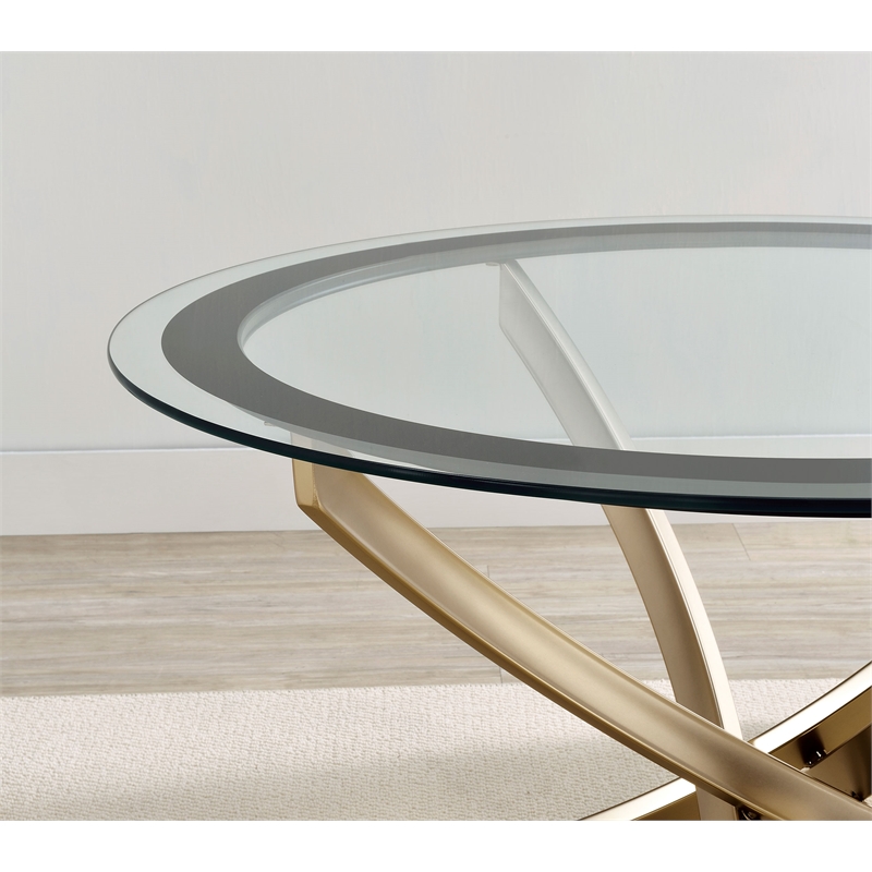 Pemberly Row Round Glass Top Side End Table Metal Base in Brass