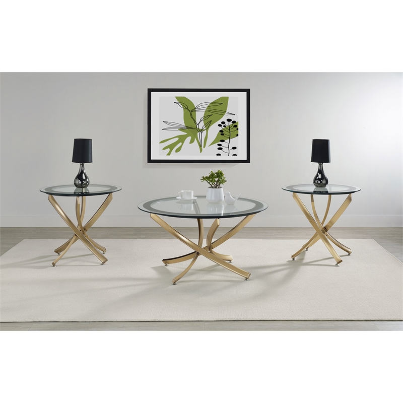 Pemberly Row Round Glass Top Side End Table Metal Base in Brass