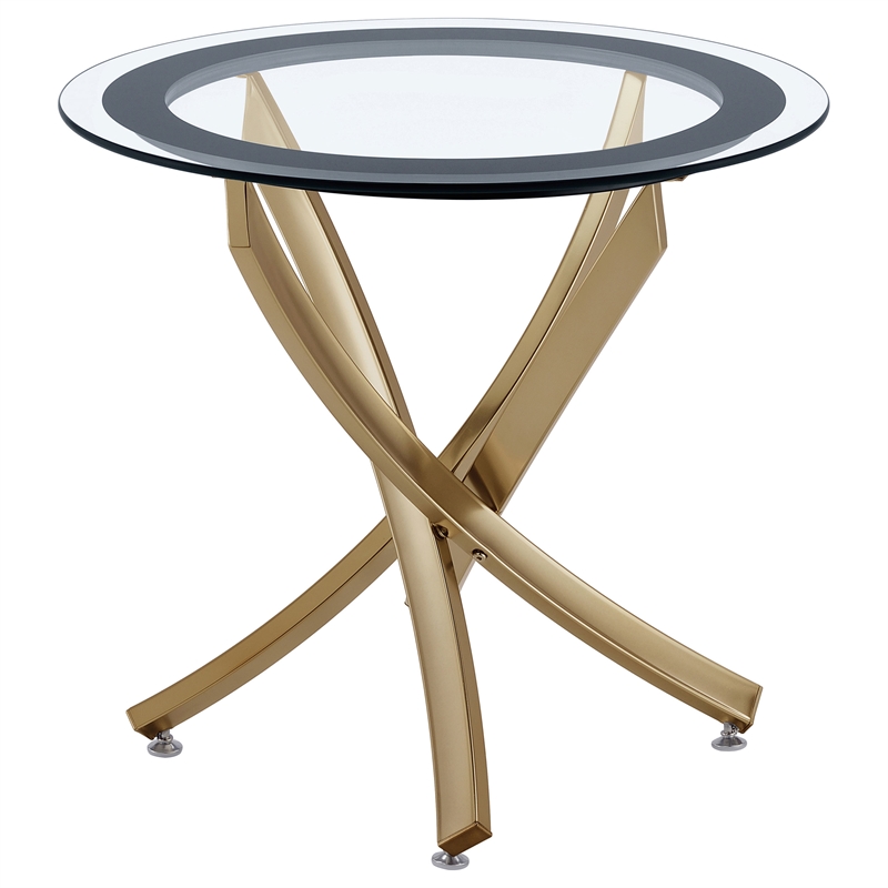 Pemberly Row Round Glass Top Side End Table Metal Base in Brass