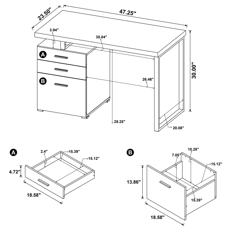 Pemberly Row Engineered Wood 47-inch 3-drawer Computer Desk in Cappuccino