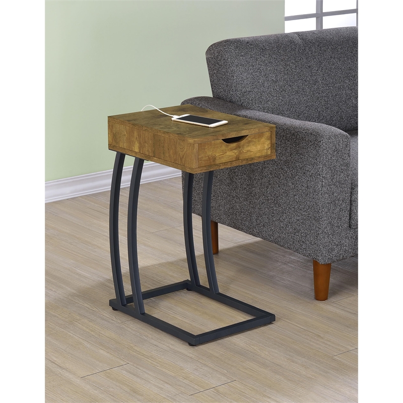 Pemberly Row 1-drawer C-Shaped Side Table Power Outlet in Rustic Nutmeg