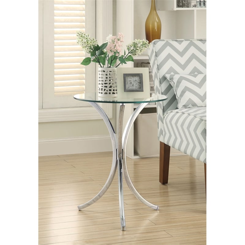 Pemberly Row Round Tempered Glass Top Accent Side Table in Chrome
