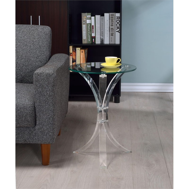 Pemberly Row Round Tempered Glass Top Acrylic Side Table in Clear