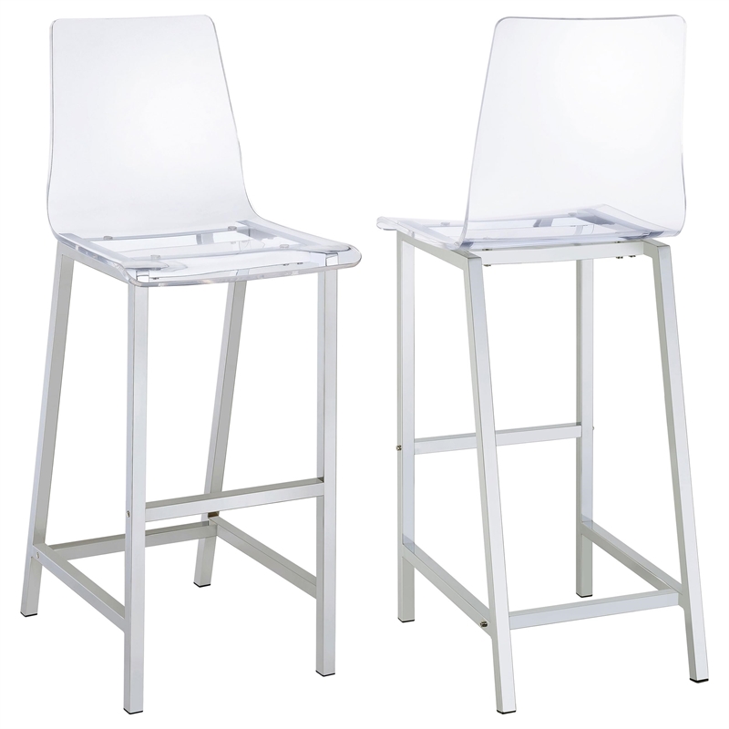 Pemberly Row Clear Acrylic Bar Chair Set of 2 with Footrest in Chrome