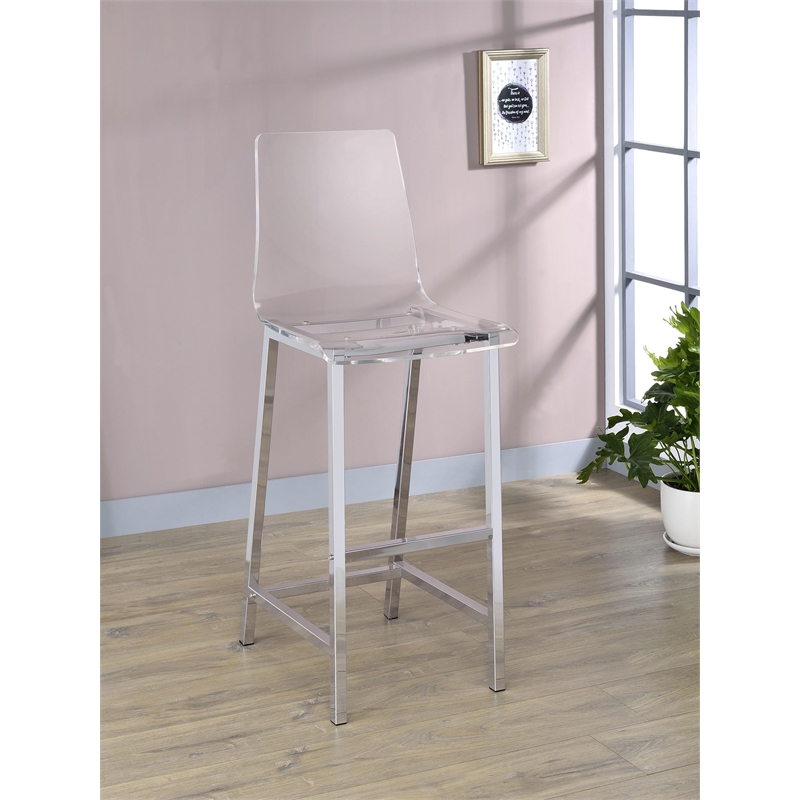 Pemberly Row Clear Acrylic Bar Chair Set of 2 with Footrest in Chrome