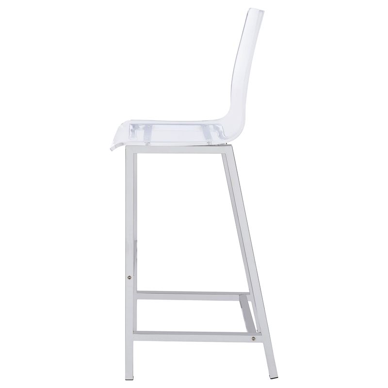 Pemberly Row Clear Acrylic Bar Chair Set of 2 with Footrest in Chrome