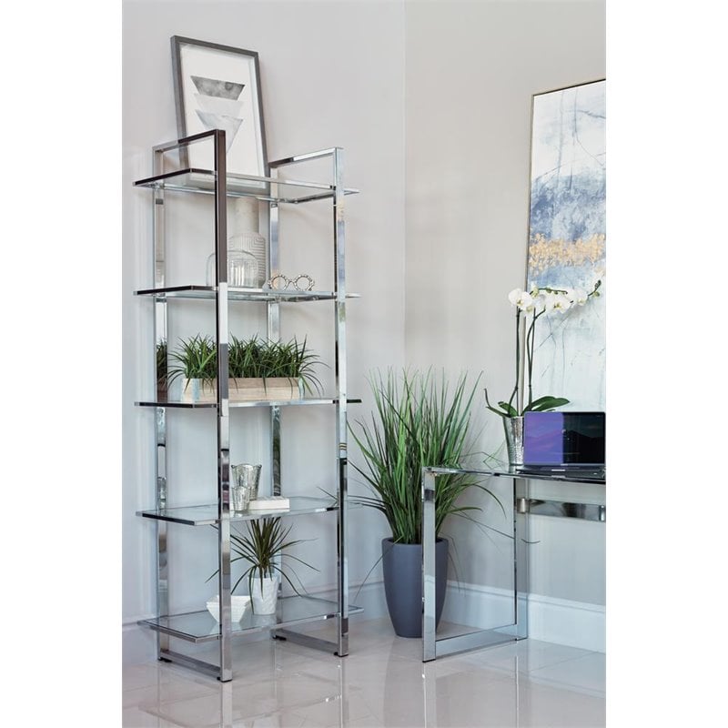 Pemberly Row 79-inch 5-shelf Tempered Glass Bookshelf in Chrome