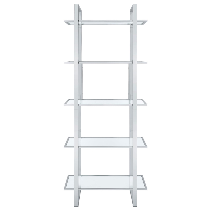 Pemberly Row 79-inch 5-shelf Tempered Glass Bookshelf in Chrome