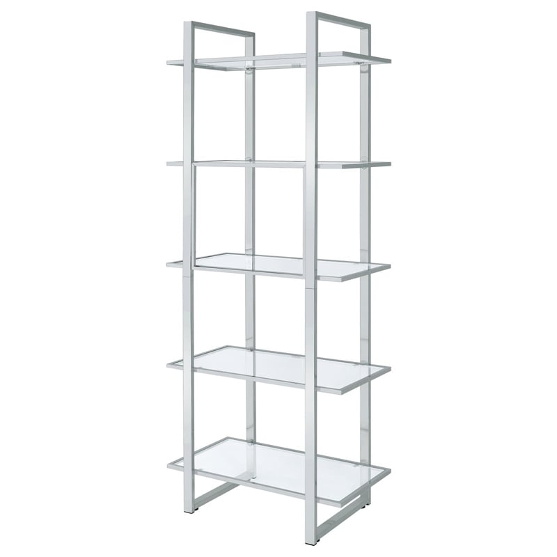 Pemberly Row 79-inch 5-shelf Tempered Glass Bookshelf in Chrome